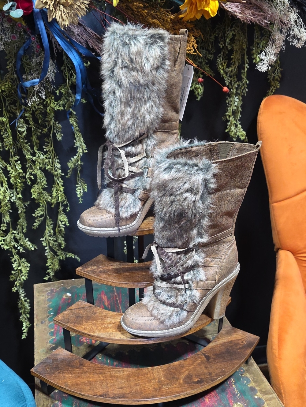 NEW! MTNG Brown Faux-Fur Mid-Calf Heeled Lace-Up Boots